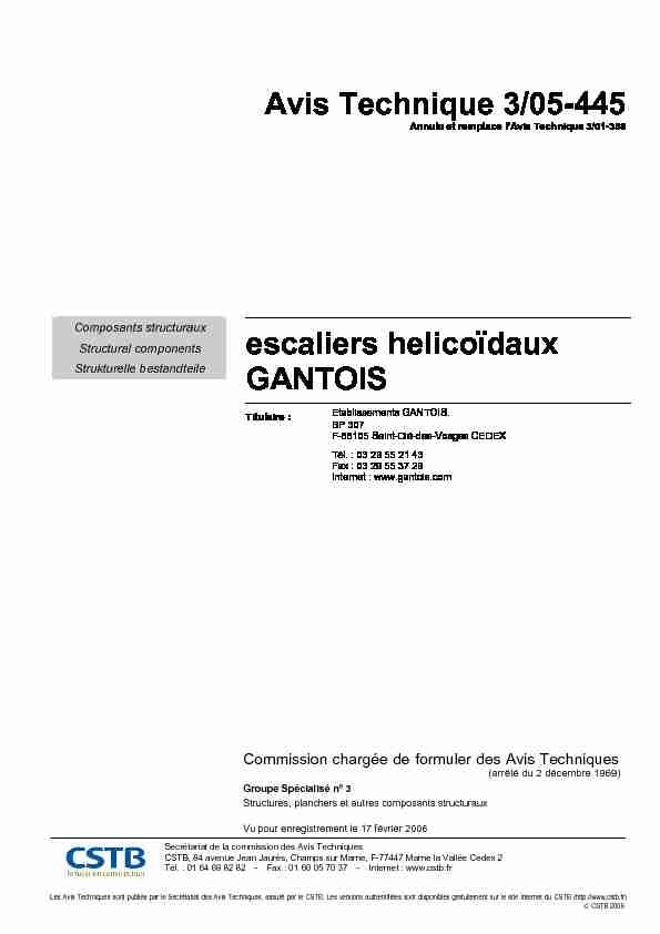 escaliers helicoïdaux GANTOIS Avis Technique 3/05-445
