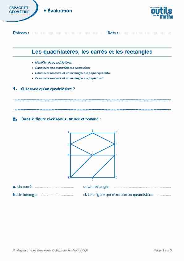 • Évaluation Les quadrilatères les carrés et les rectangles