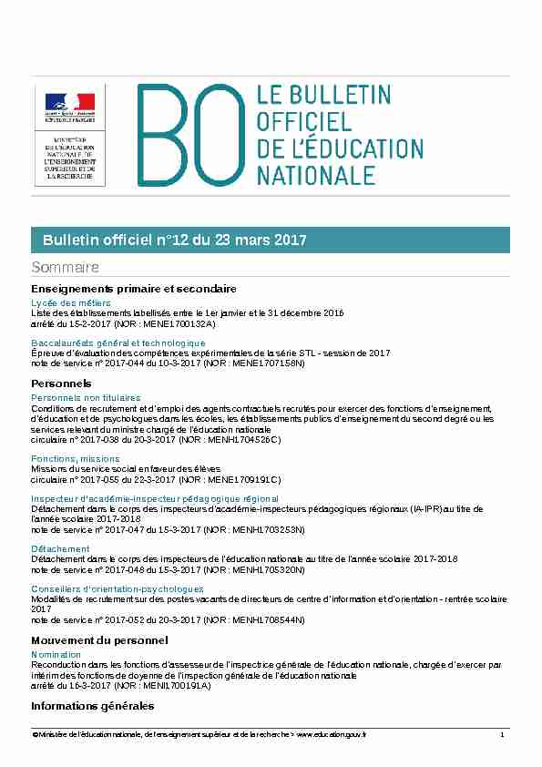 Bulletin officiel n°12 du 23 mars 2017 Sommaire