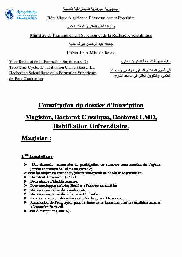 Constitution du dossier dinscription Magister Doctorat Classique