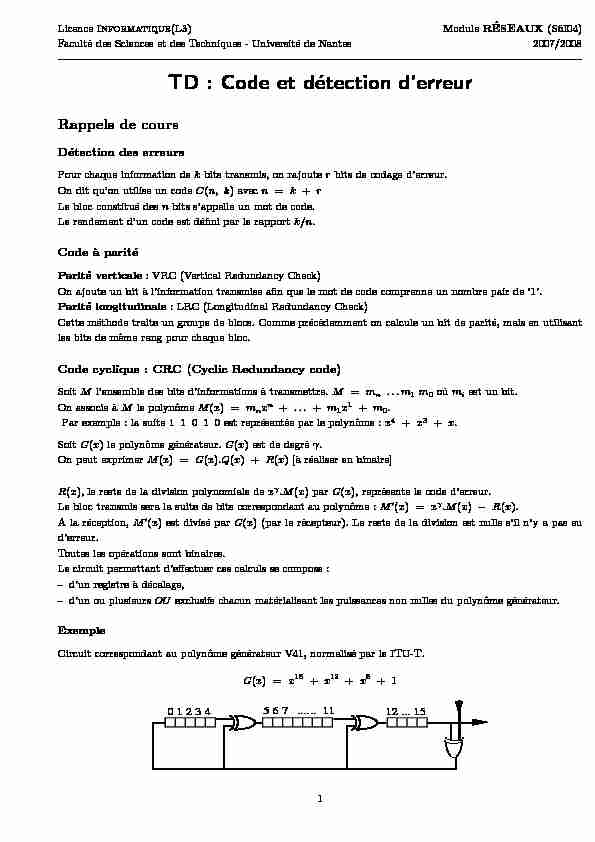 [PDF] TD : Code et détection derreur - Univ Nantes - Université de Nantes