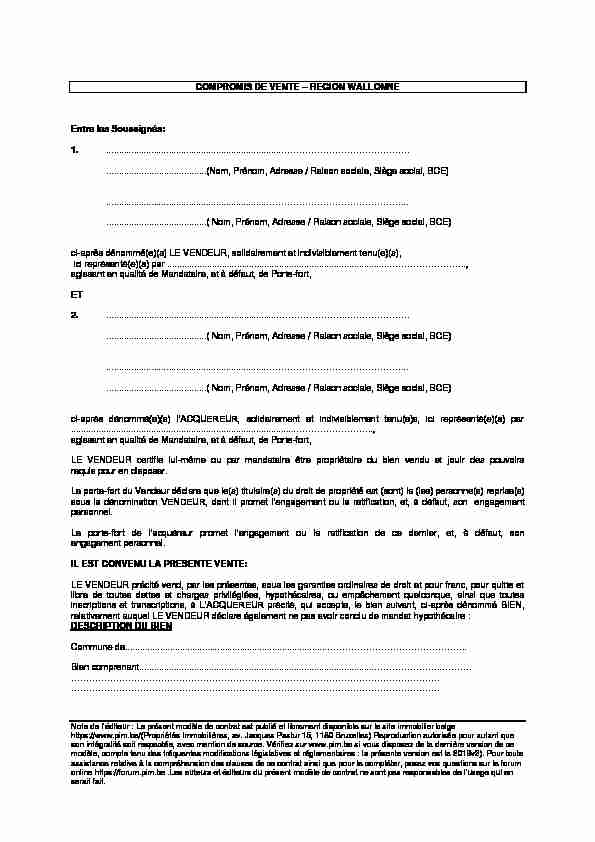 [PDF] COMPROMIS DE VENTE – REGION WALLONNE  Pimbe