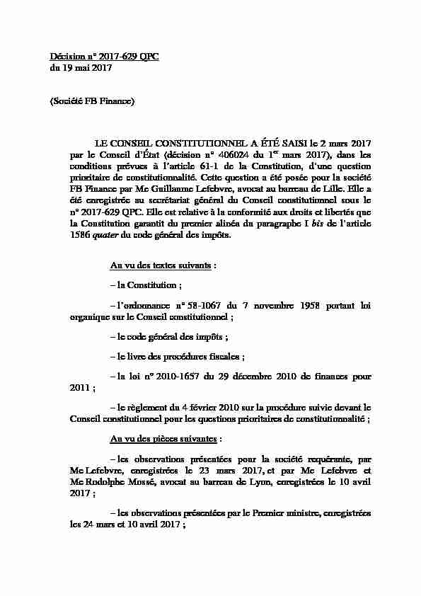 Décision n° 2017-629 QPC du 19 mai 2017 Société FB Finance