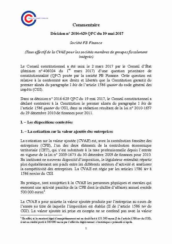 Commentaire Décision n° 2017-629 QPC du 19 mai 2017 Société