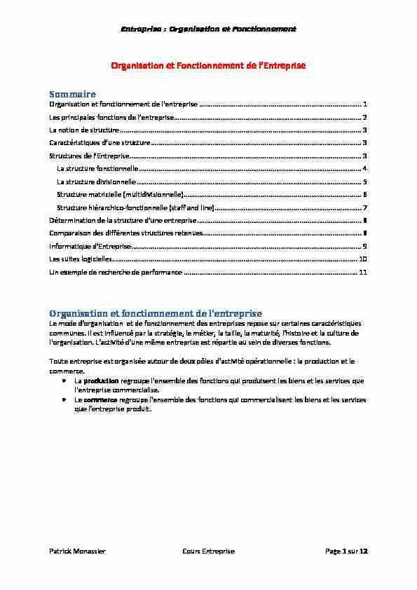 [PDF] Organisation et Fonctionnement de lEntreprise - Patrick Monassier