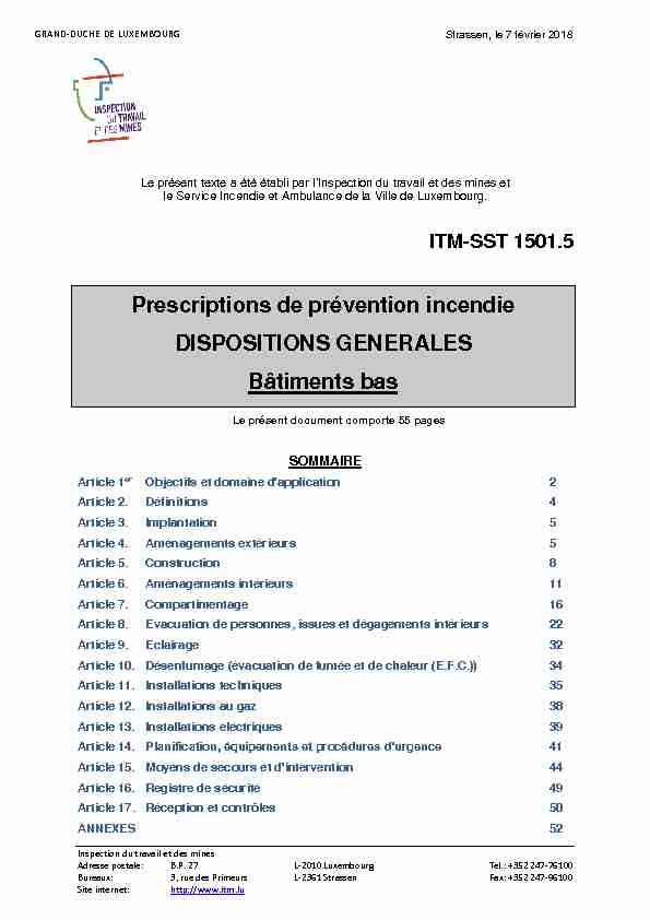 Prescriptions de prévention incendie DISPOSITIONS GENERALES