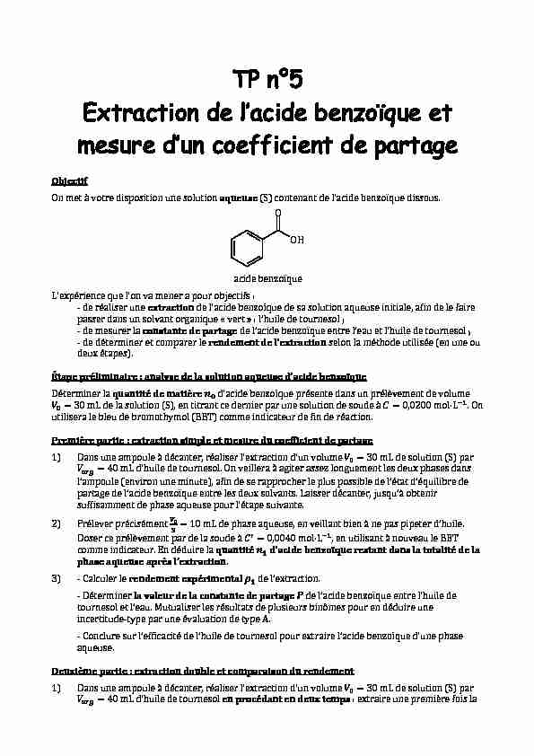 [PDF] TP n°5 Extraction de lacide benzoïque et mesure dun coefficient de