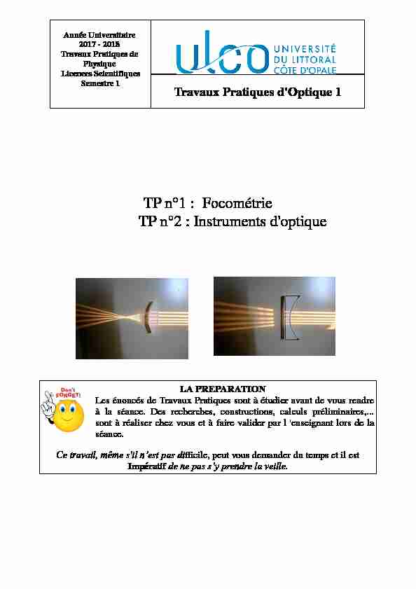 TP n°1 : Focométrie TP n°2 : Instruments doptique