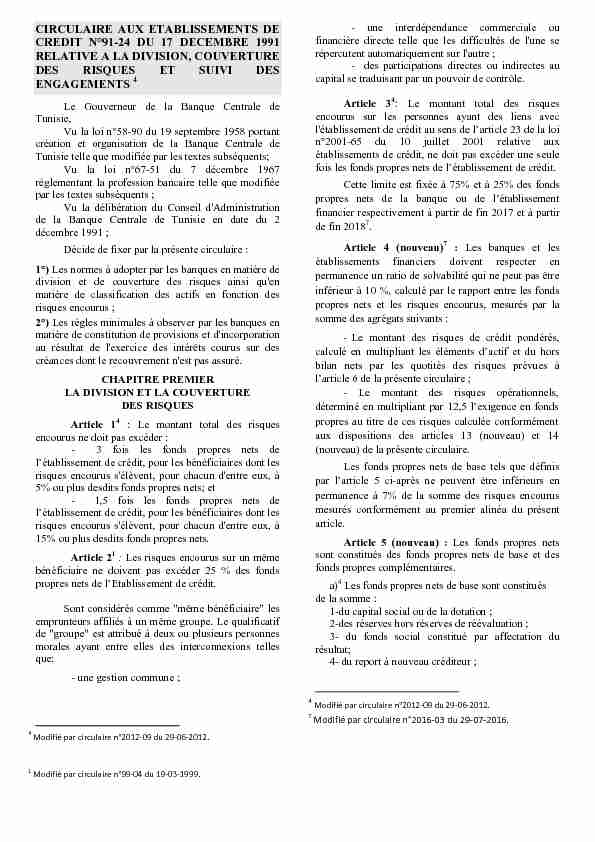CIRCULAIRE AUX ETABLISSEMENTS DE CREDIT N°91-24 DU 17