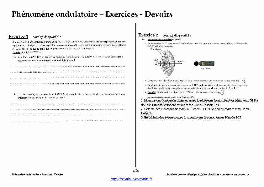 [PDF] Terminale générale - Phénomène ondulatoire - Exercices - Devoirs