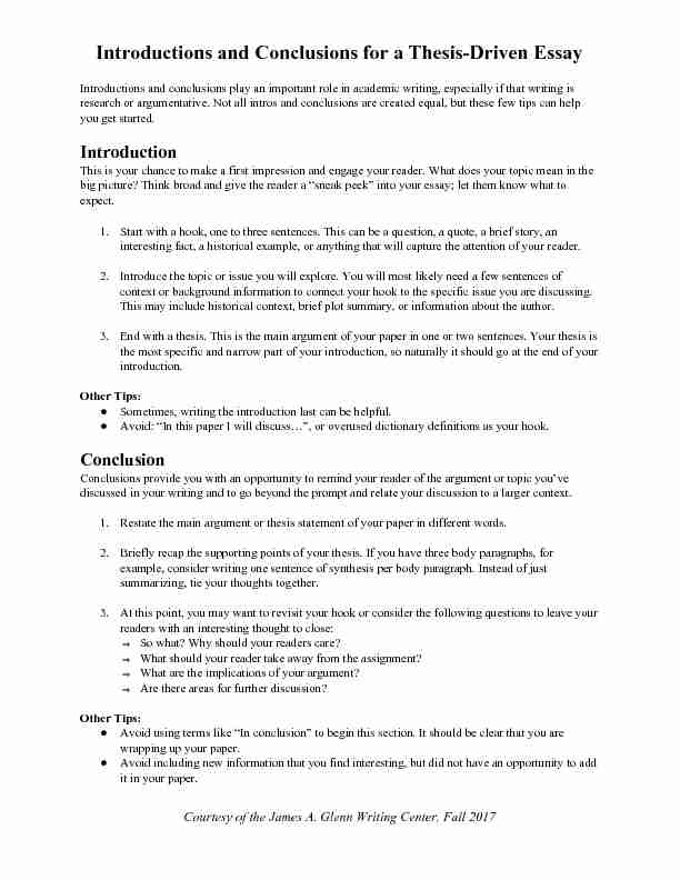 [PDF] Introductions and Conclusions for a Thesis-Driven Essay