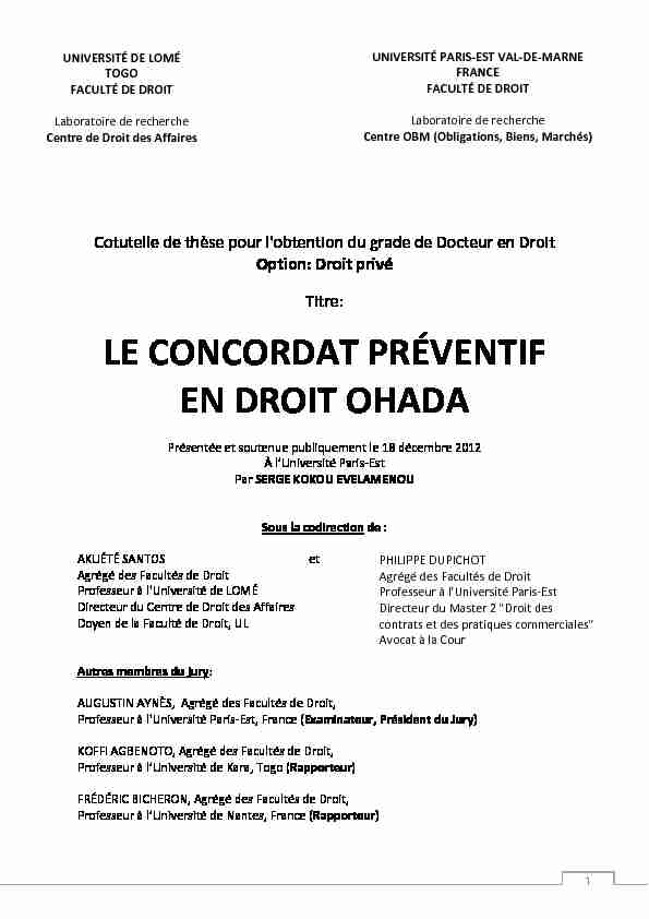 [PDF] LE CONCORDAT PRÉVENTIF EN DROIT OHADA - Thesesfr