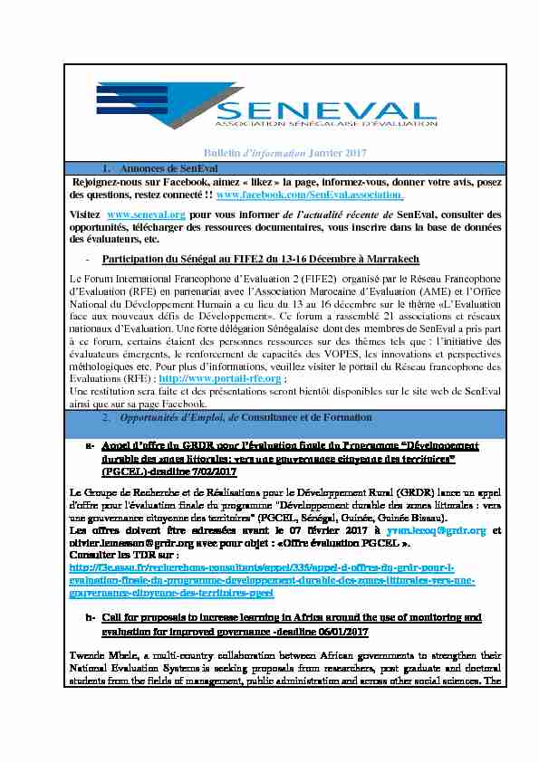 Bulletin dinformation Janvier 2017 1. Annonces de SenEval