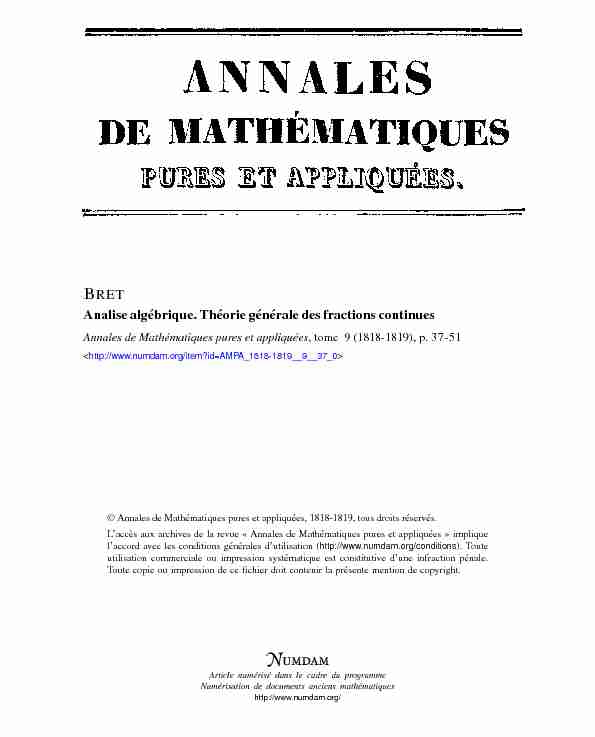 Analise algébrique Théorie générale des fractions continues