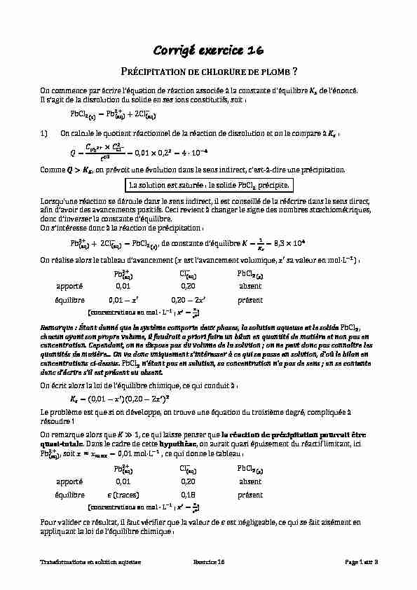 [PDF] Corrigé exercice 16 - PRÉCIPITATION DE CHLORURE DE PLOMB