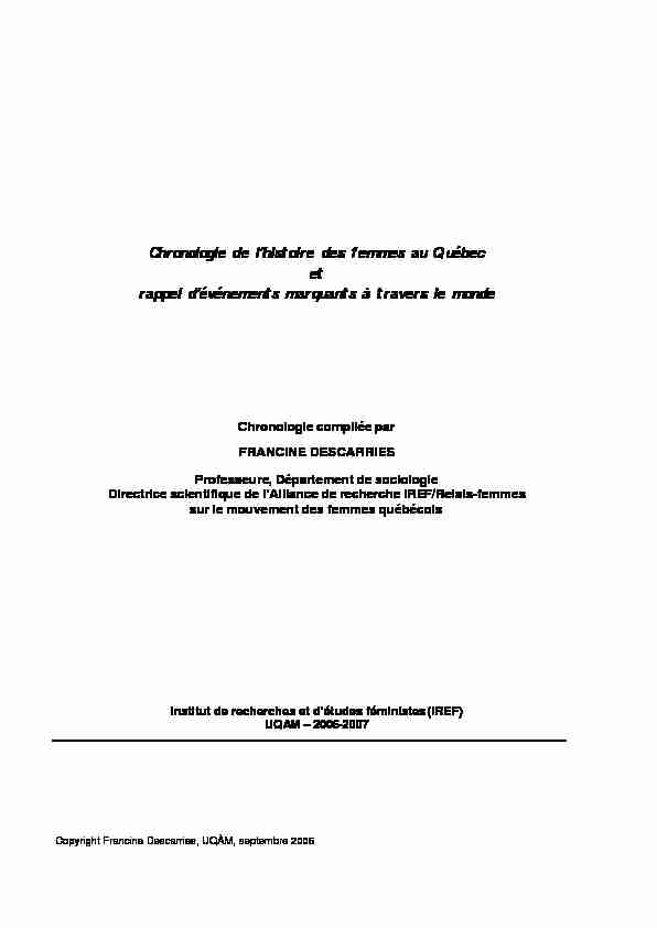 Chronologie de lhistoire des femmes au Québec et rappel d