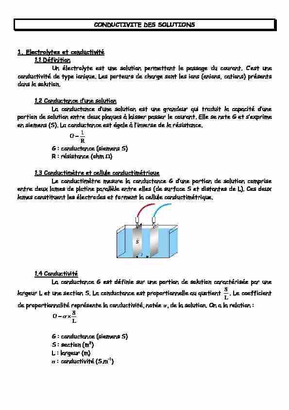 CONDUCTIVITE DES SOLUTIONS 1. Electrolytes et conductivité 1.1