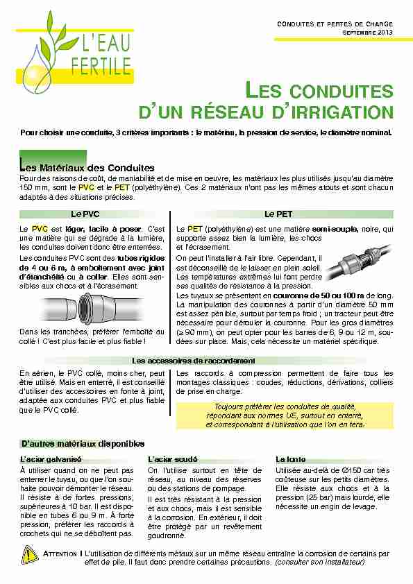 [PDF] LES CONDUITES DUN RÉSEAU D IRRIGATION - Ardepi
