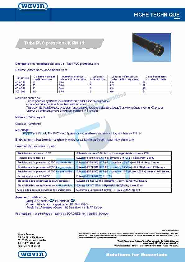 [PDF] FICHE TECHNIQUE PVC PRESSION A JOINT PN16 - Pum