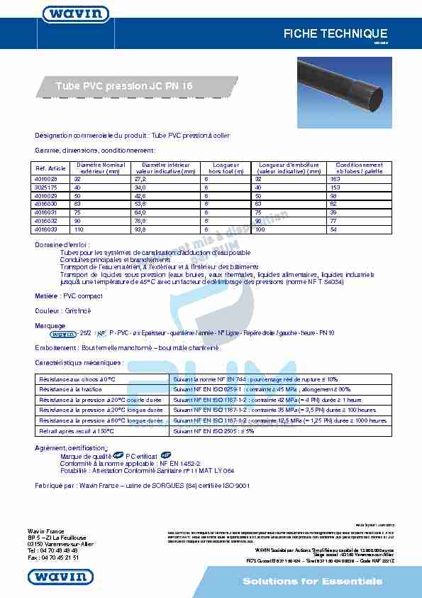 FICHE TECHNIQUE PVC PRESSION A COLLER PN16