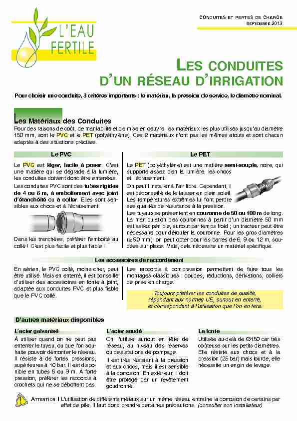 [PDF] LES CONDUITES DUN RÉSEAU D IRRIGATION