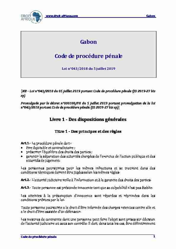 Gabon - Loi n°043/2018 du 05 juillet 2019 portant code de