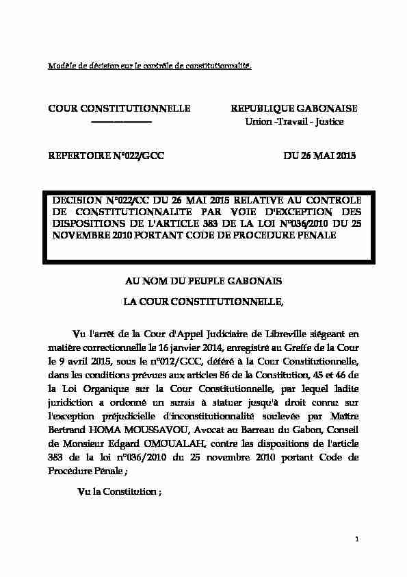 [PDF] Union -Travail - Justice REPERTOIRE N°022/GCC DU 26 MAI