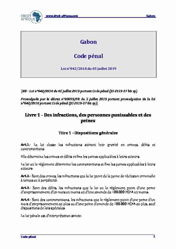 Gabon - Loi n°042/2018 du 05 juillet 2019 portant Code penal (www