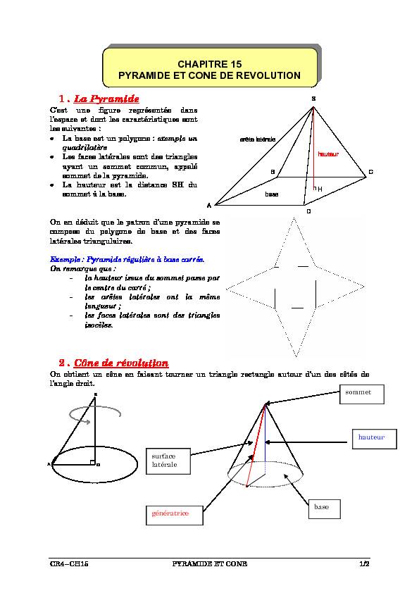 [PDF] CHAPITRE 15 PYRAMIDE ET CONE DE REVOLUTION 1  La