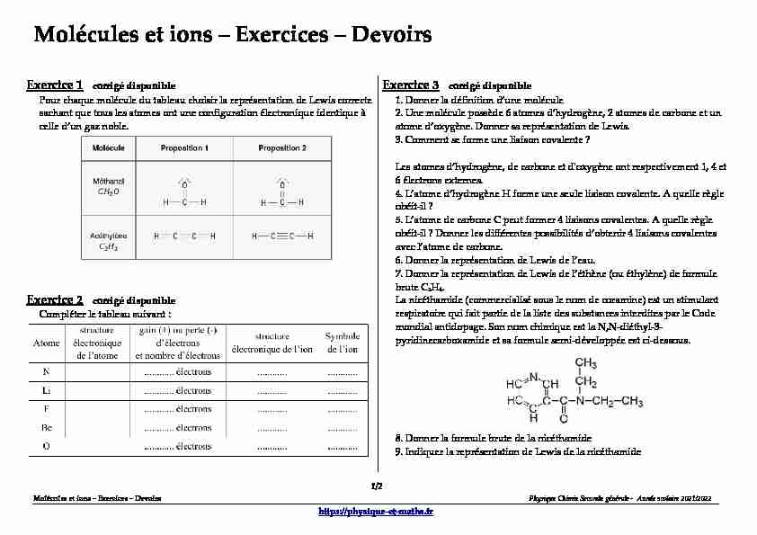 Seconde générale - Molécules et ions - Exercices - Devoirs