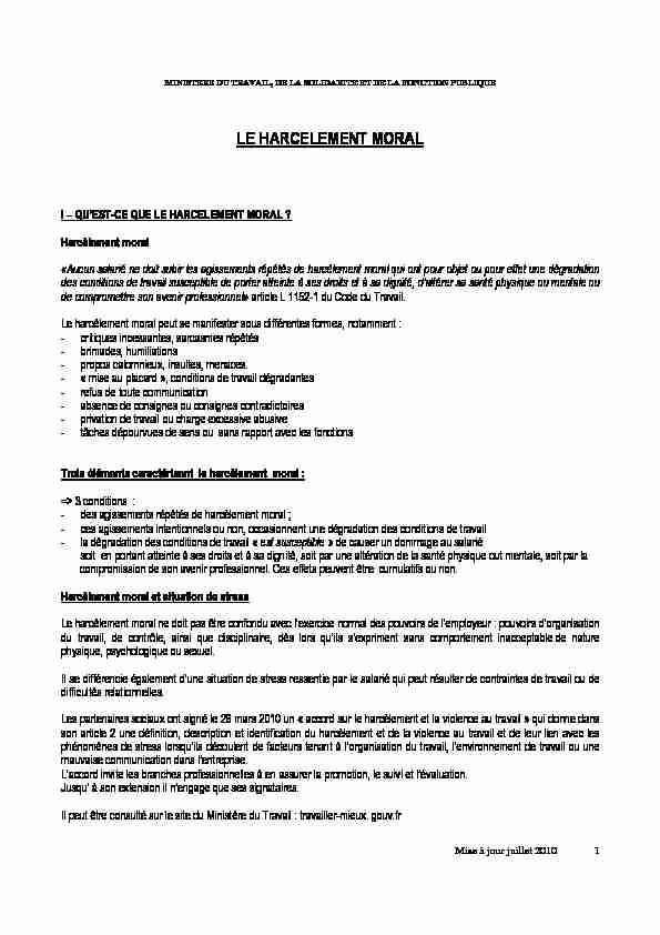 [PDF] Le harcèlement moral - Ministère du Travail