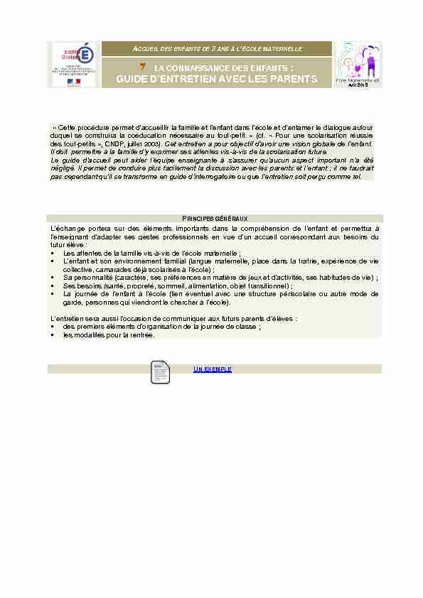 [PDF] GUIDE DENTRETIEN AVEC LES PARENTS - Circonscription dIllfurth