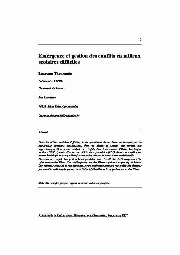 [PDF] Emergence et gestion des conflits en milieux scolaires  - AREF 2007