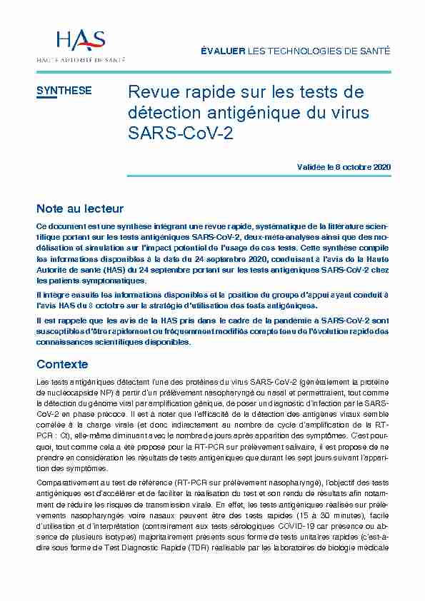 Revue rapide sur les tests de détection antigénique du virus SARS