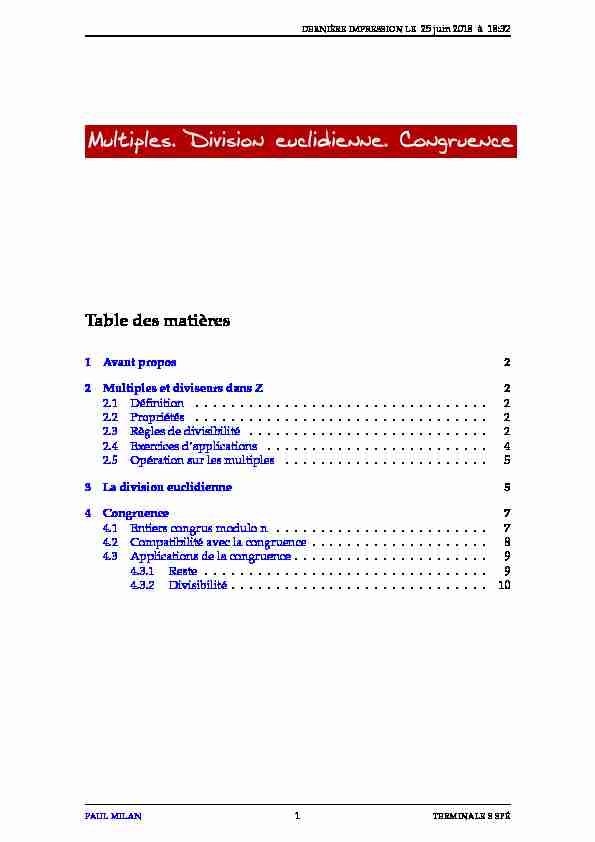 Multiples. Division euclidienne. Congruence