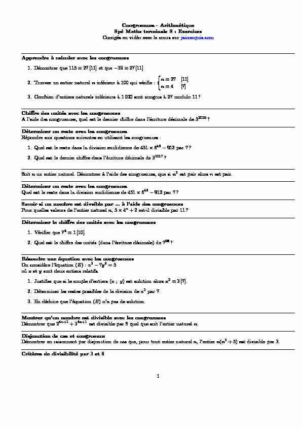 [PDF] Congruences - Arithmétique Spé Maths terminale S : Exercices