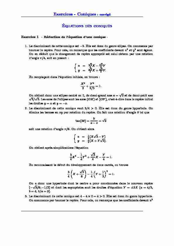 [PDF] Exercices - Coniques : corrigé Équations des coniques