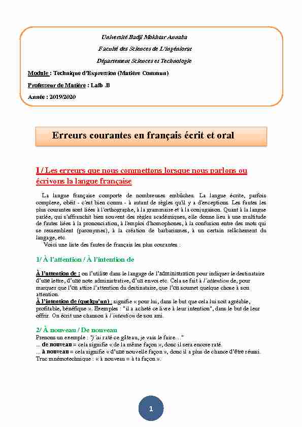 [PDF] Erreurs courantes en français écrit et oral - Faculté de Technologie