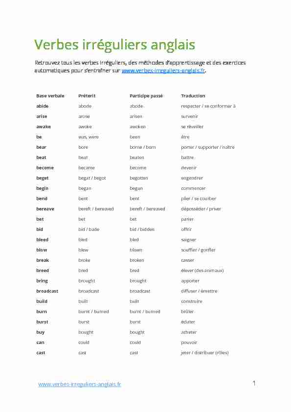 [PDF] liste en PDF à imprimer - Liste des verbes irréguliers anglais