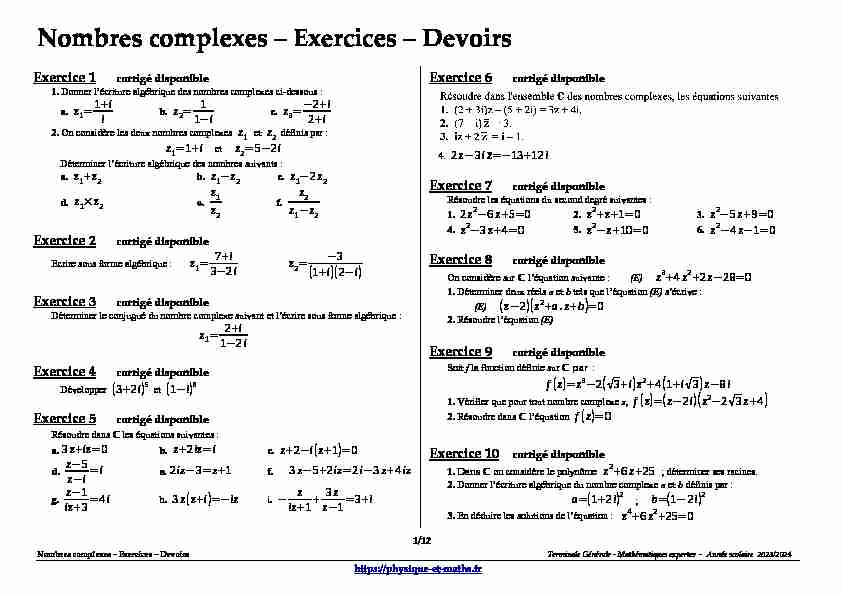 [PDF] Terminale S - Nombres complexes - Exercices - Physique et Maths
