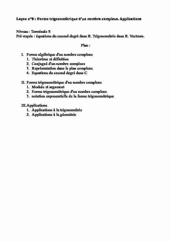 [PDF] Forme trigonométrique dun nombre complexe Applications Niveau