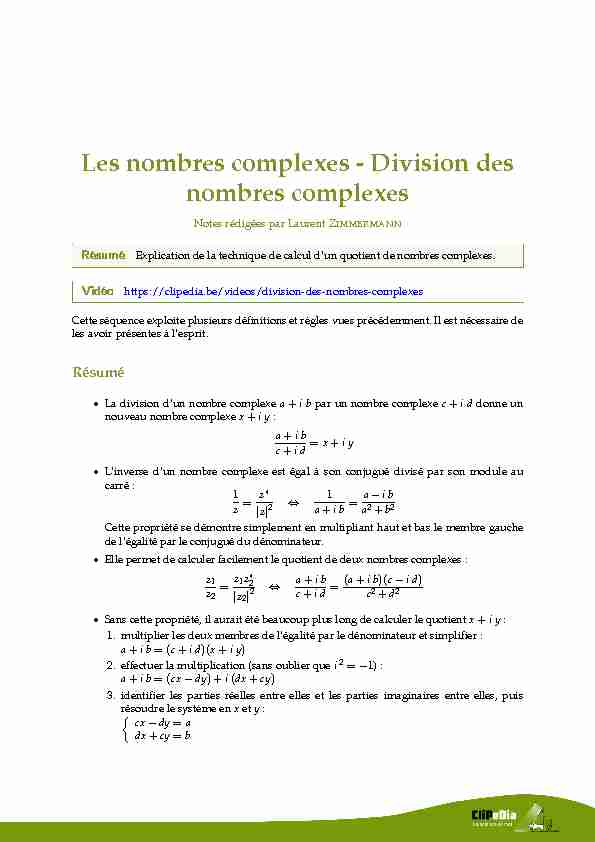 Les nombres complexes - Division des nombres complexes