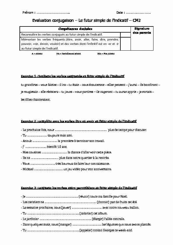 [PDF] Evaluation conjugaison – Le futur simple de lindicatif – CM2