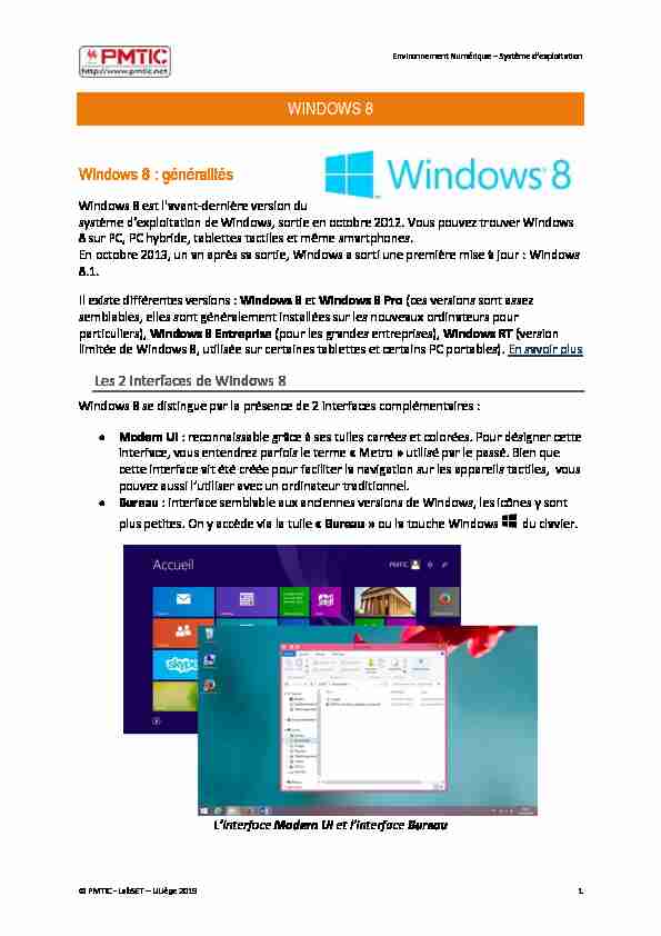 WINDOWS 8 Windows 8 : généralités