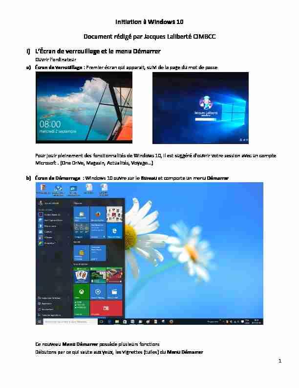 Initiation à Windows 10 Document rédigé par Jacques Laliberté