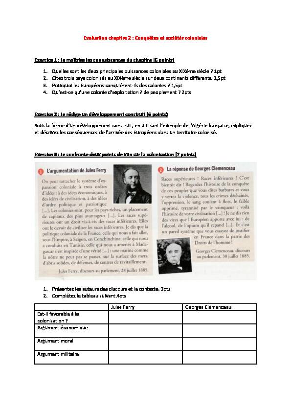 [PDF] Evaluation chapitre 2 : Conquêtes et sociétés coloniales Exercice 1