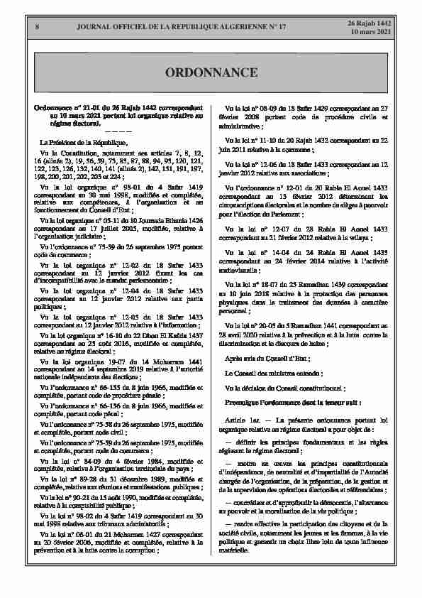 Algerie - Ordonnance n°21-01 du 10 mars 2021 portant loi