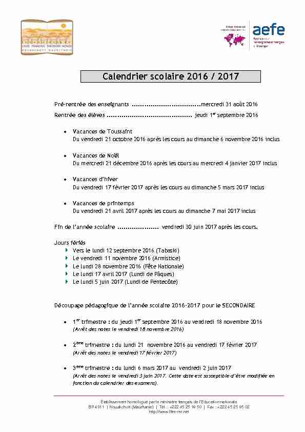 [PDF] Calendrier scolaire 2016 / 2017