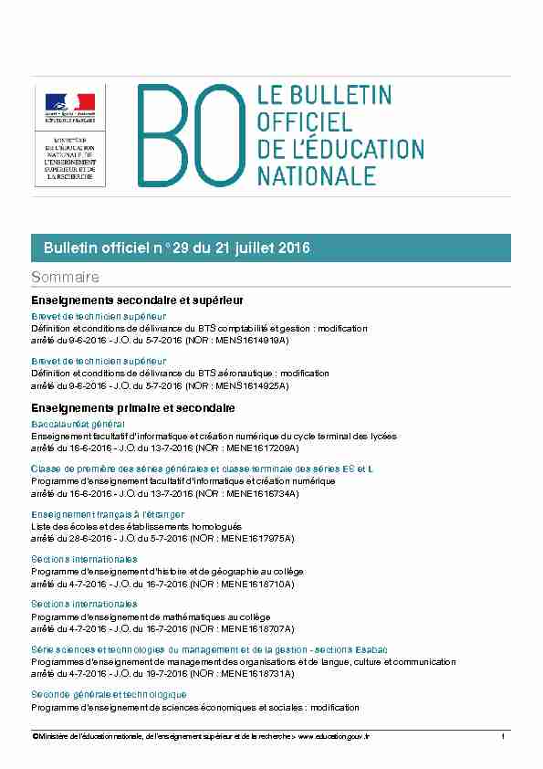 Bulletin officiel n°29 du 21 juillet 2016 Sommaire