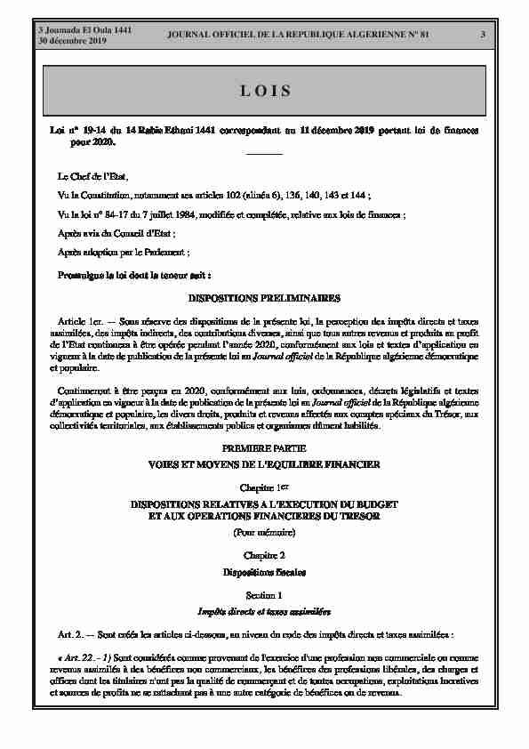 Algerie - Loi n°19-14 du 11 decembre 2019 portant loi de finances